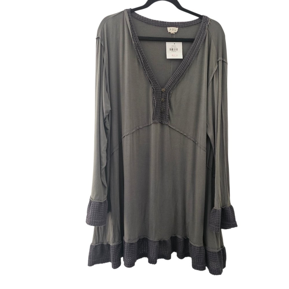 POL Tunic Top Large Olive Faded Distressed Boho V-neck Women’s New Tags Cottage